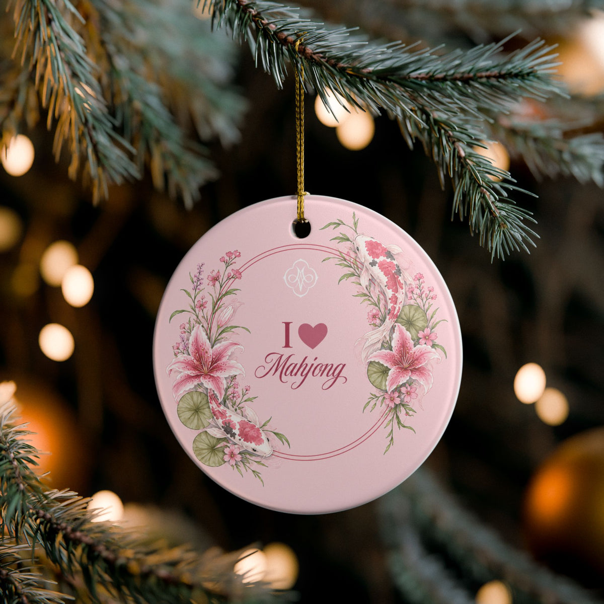 Pink Koi I Love Mahjong 3" Double Sided Ceramic Christmas Tree Ornament