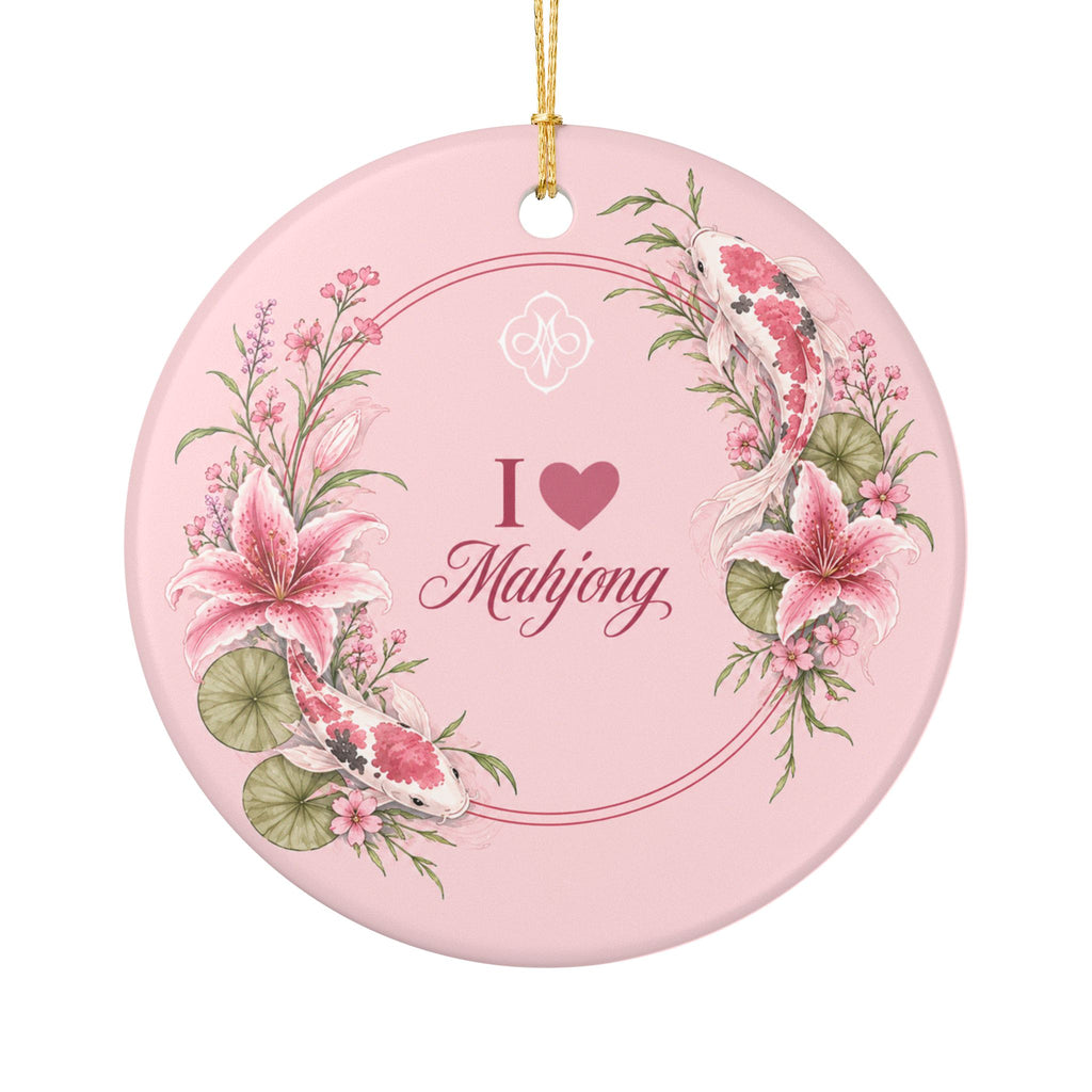 Pink Koi I Love Mahjong 3" Double Sided Ceramic Christmas Tree Ornament