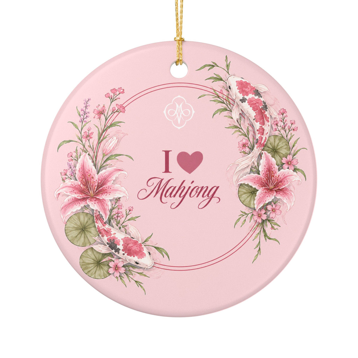 Pink Koi I Love Mahjong 3" Double Sided Ceramic Christmas Tree Ornament