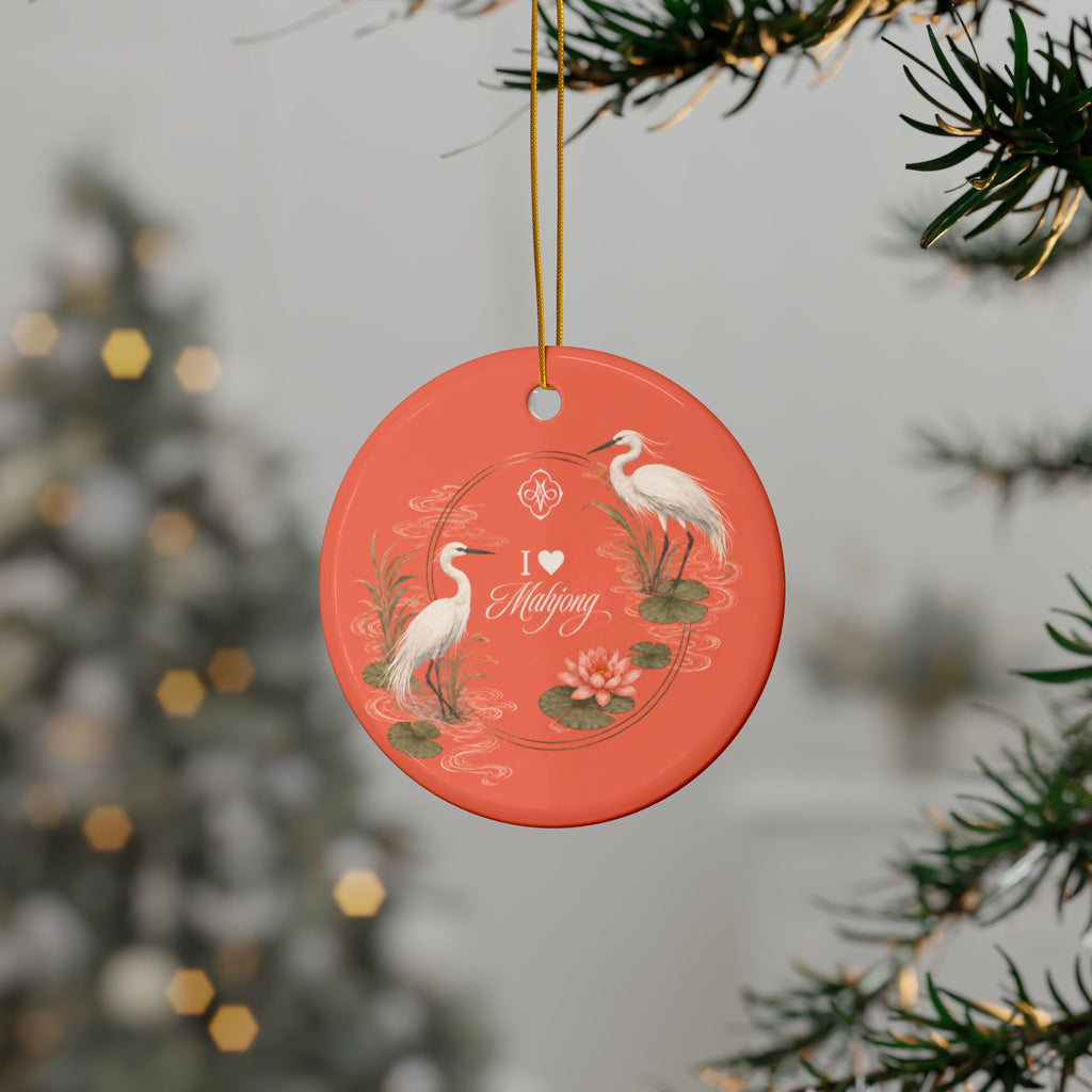 Coral Herons I Love Mahjong 3" Double Sided Ceramic Christmas Tree Ornament
