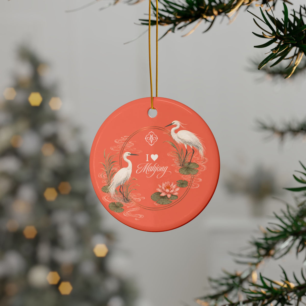 Coral Herons I Love Mahjong 3" Double Sided Ceramic Christmas Tree Ornament