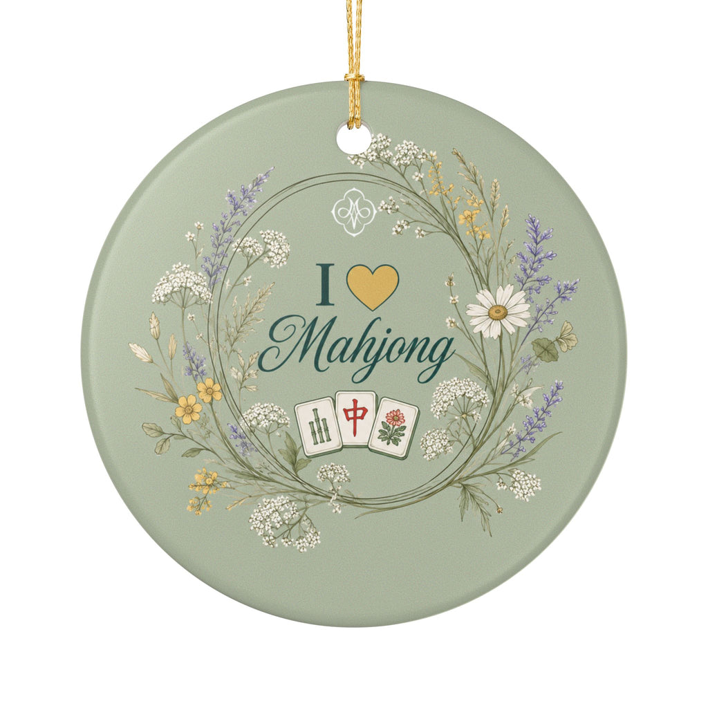 Sage Green Wildflowers I Love Mahjong 3" Double Sided Ceramic Christmas Tree Ornament