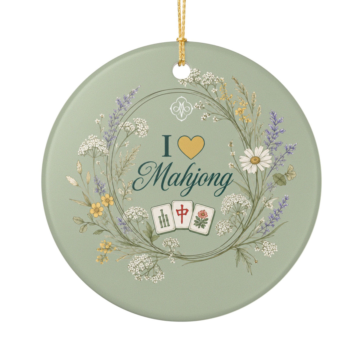 Sage Green Wildflowers I Love Mahjong 3" Double Sided Ceramic Christmas Tree Ornament