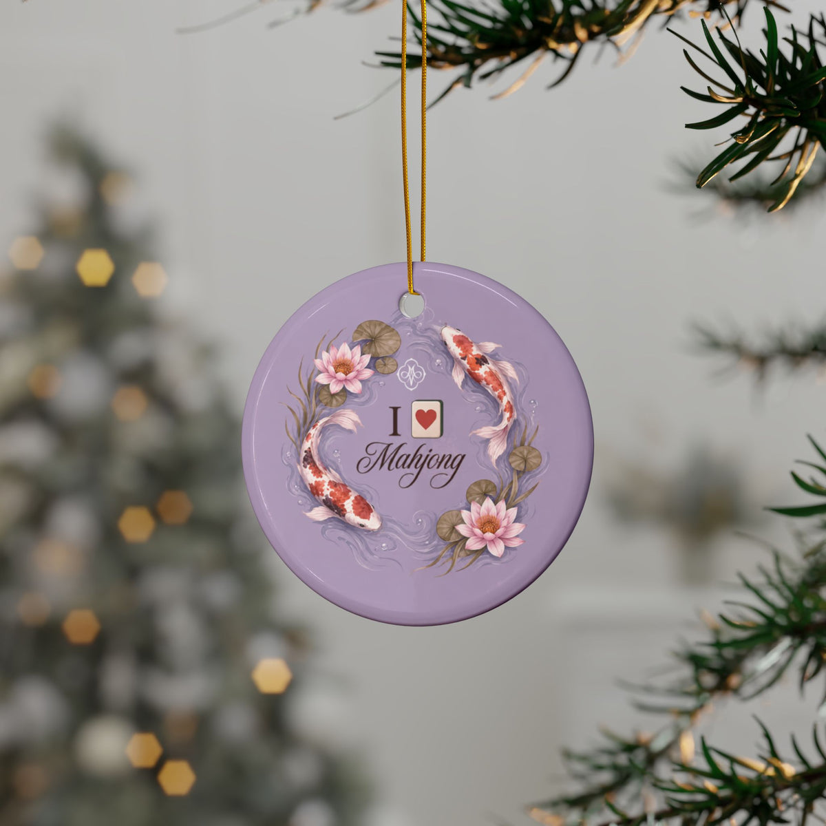 Lavender Koi I Love Mahjong 3" Double Sided Ceramic Christmas Tree Ornament