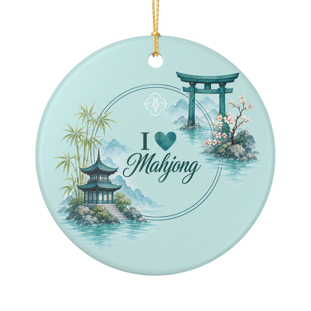 Turquoise Tori & Pagodas I Love Mahjong 3" Double Sided Ceramic Christmas Tree Ornament