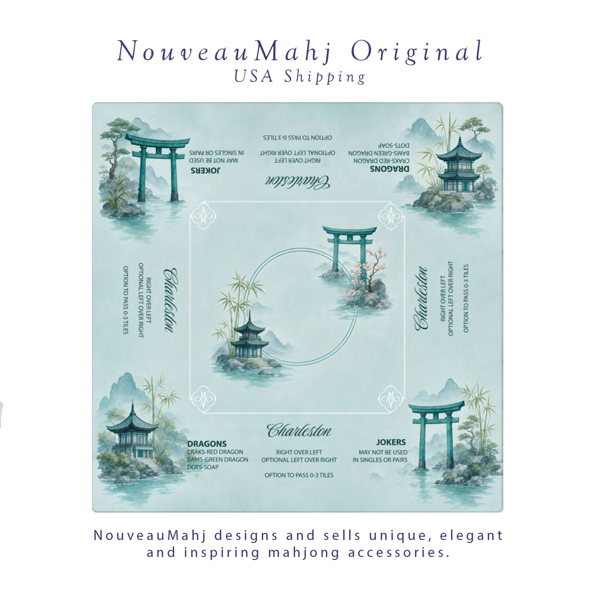 Turquoise Tori & Pagodas Mahjong Mat