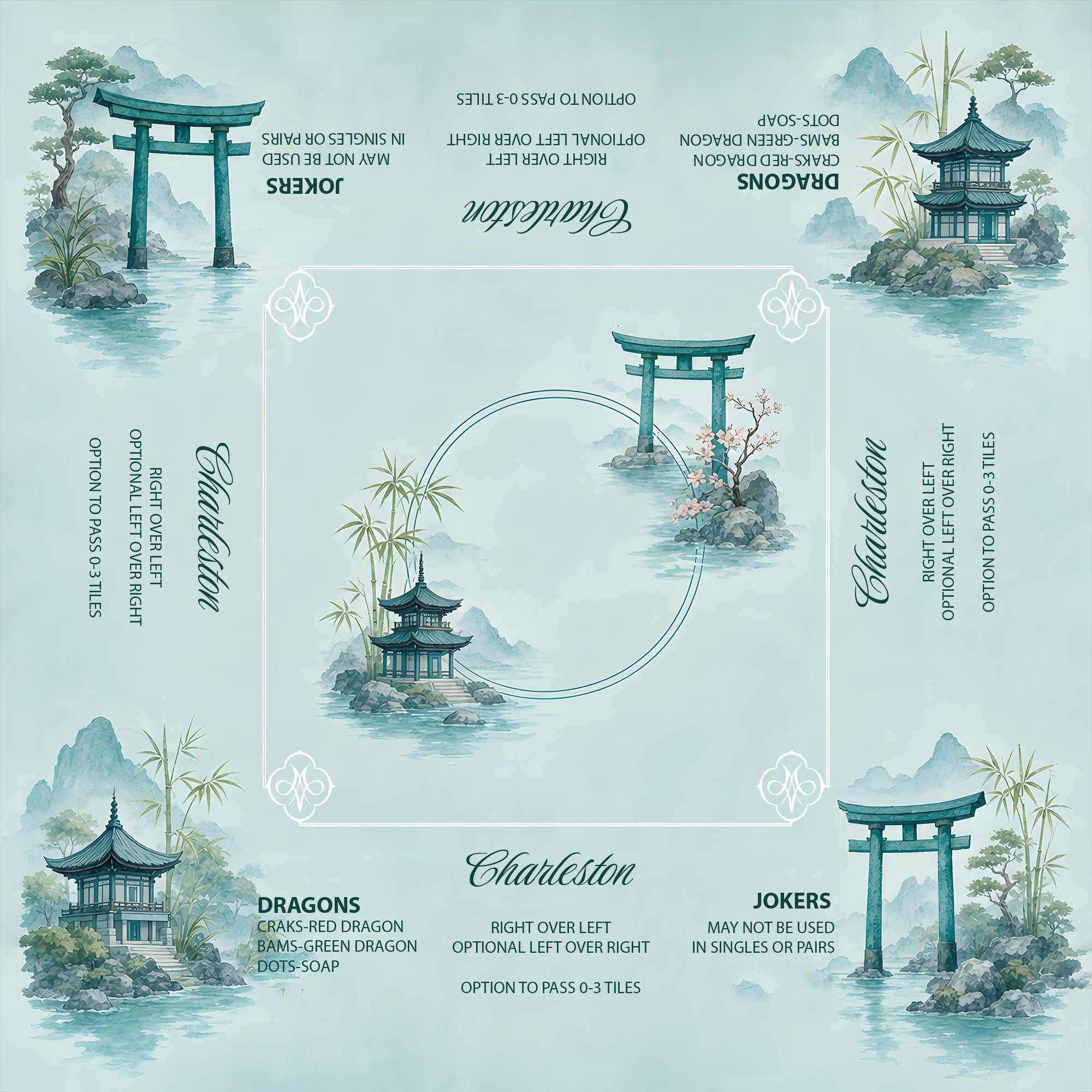 Turquoise American Mah Jongg mat with pavilions, bamboo, water, and mountain scenery