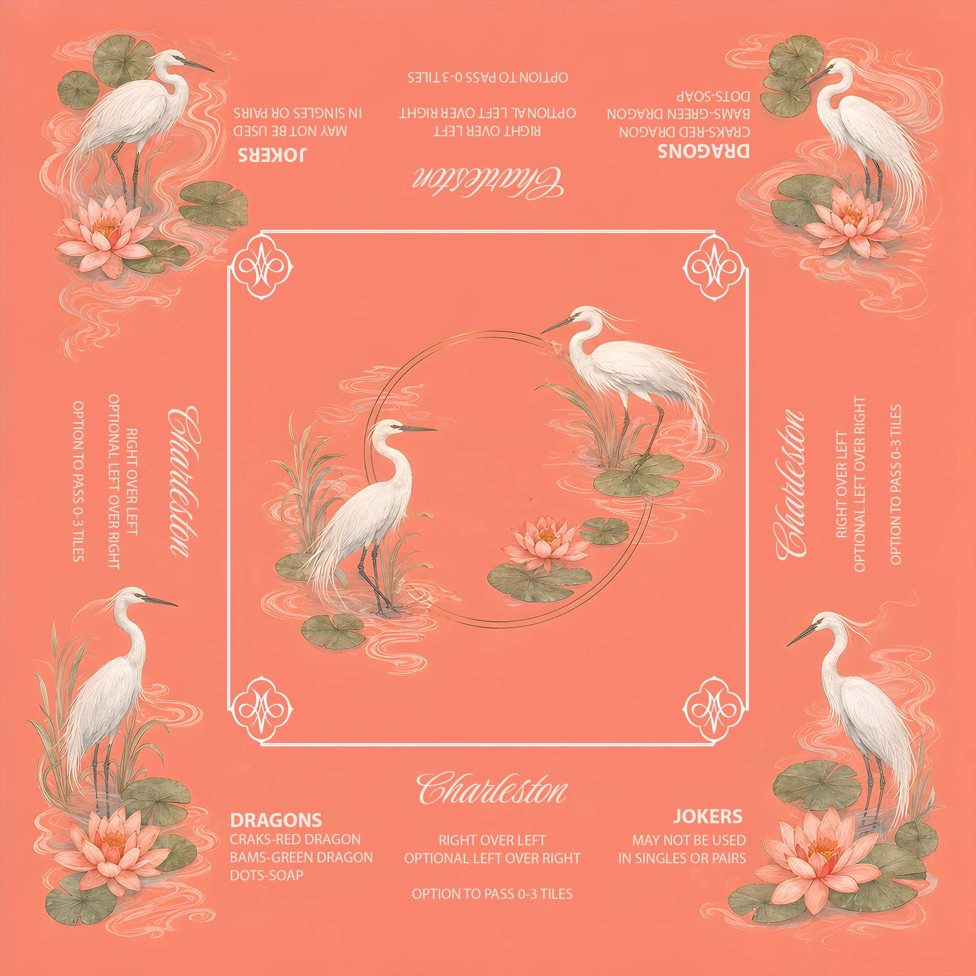 Coral American Mah Jongg mat with white herons, lotus blossoms, and painted water